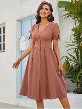 Button-Front Rust Midi Dress pockets with Tie Sleeves